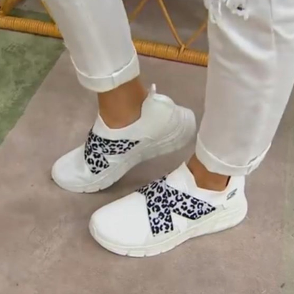 BOBS from Skechers White and Black Leopard Slip-On Sneakers